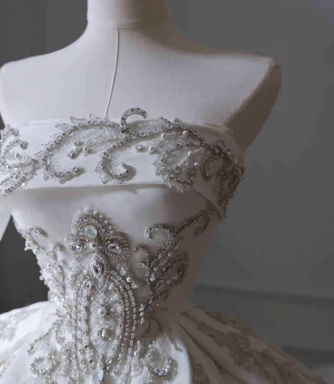 Elegant floor-length white strapless satin wedding dress with sparkling beads P2553