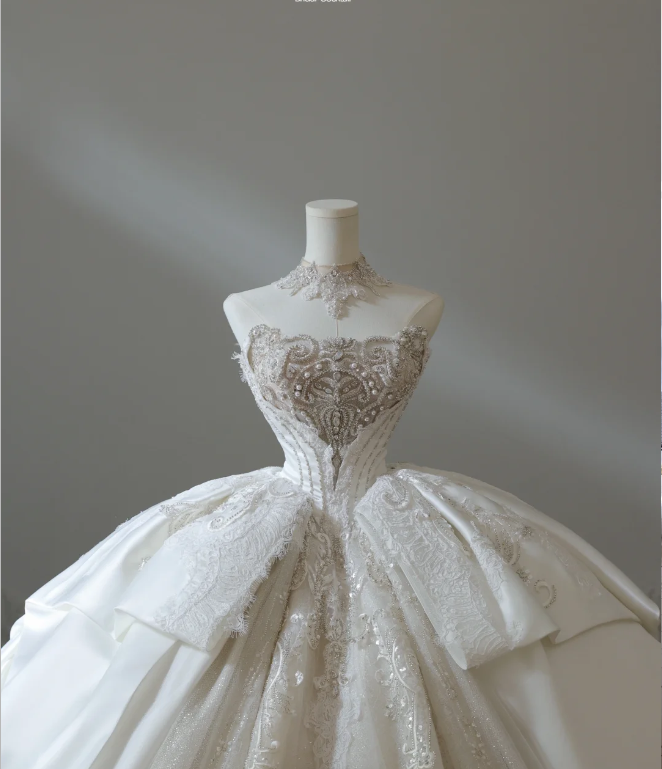 French court retro luxury tube top shiny tulle floor-length wedding dress P2578