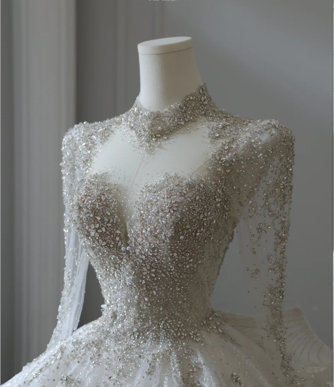 Sparkling Galaxy Long Sleeve A-Line Tulle Floor-Length Wedding Dress with Mock Neck P2579