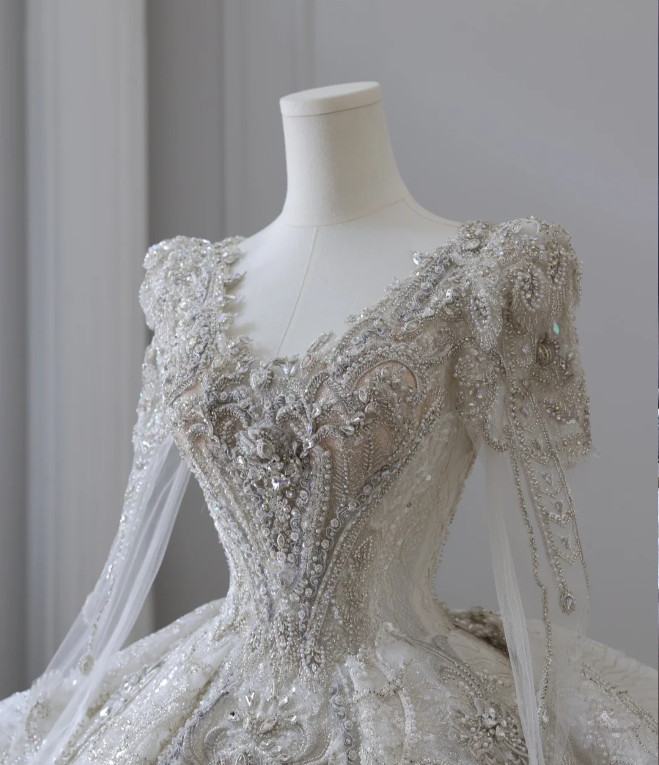 Luxurious beaded long-sleeved sparkling palace retro floor-length wedding dress P2581