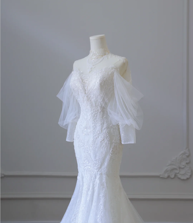 Elegant Mermaid Lace Beaded Tulle Wedding Dress P2584