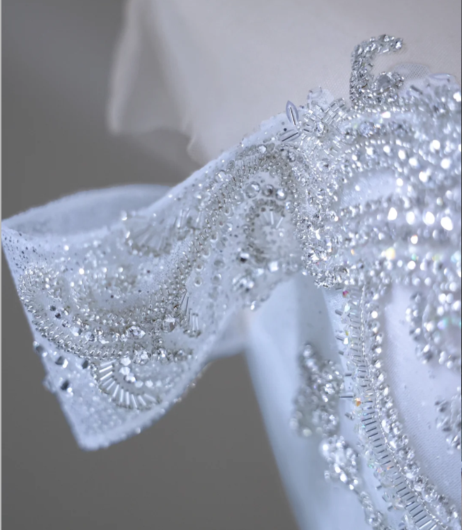 Dreamy Blue Off-the-shoulder Shiny Sequined Rhinestone Tulle Floor-length Wedding Dress P2588