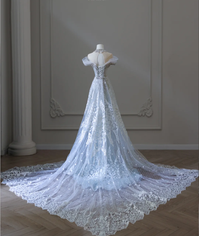 Shiny Blue Mermaid Rhinestone Lace Tulle Wedding Dress with Train P2589