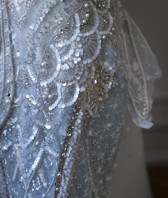 Blue Luxury Sequin Beaded Mermaid Tulle Wedding Dress with Train P2592