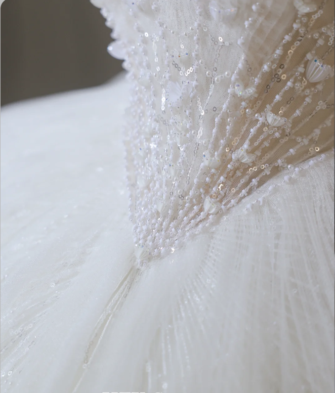 Elegant White Off-the-shoulder Beaded Tulle A-line Floor-length Wedding Dress P2596