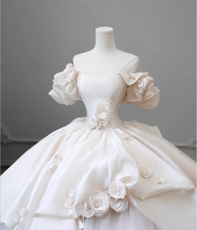 Elegant Satin 3D Flower Off Shoulder Tulle Floor Length Wedding Dress P2603