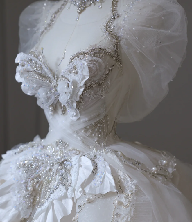 Chic Dreamy Butterfly Long Sleeve Tulle Beaded Floor-Length Princess Wedding Dress P2609