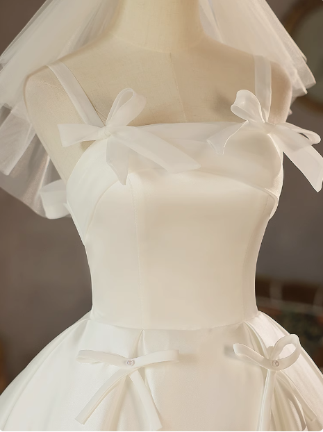 White Strap Bow Satin A-line Back Tie Light Wedding Dress P2618