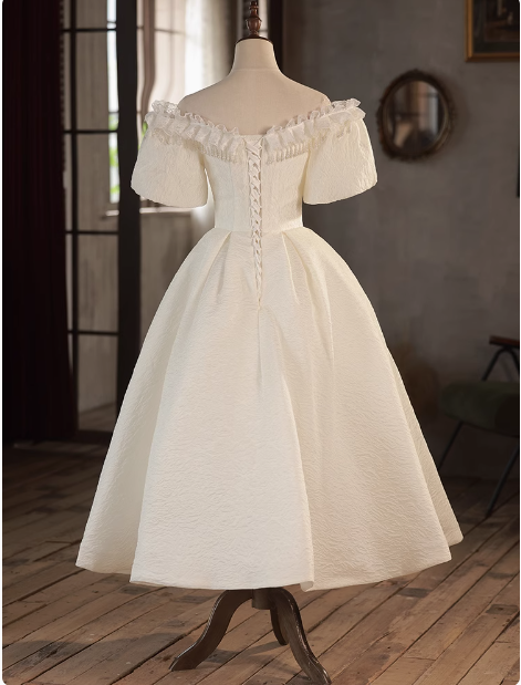 Vintage One Shoulder Lace Trim Short Sleeve A-Line Back Tie Wedding Dress P2620