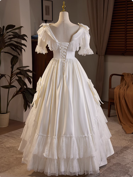 French Retro Short Sleeve Bow Satin Lace Wedding Dress P2623
