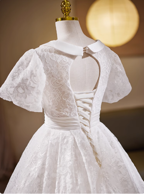 Vintage White Short Sleeve Lace Tea Length A-Line Wedding Dress P2632