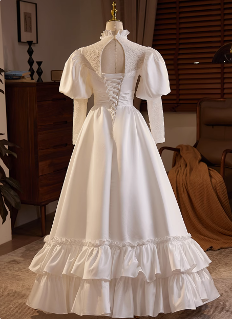 French Retro Long Sleeve Turtleneck Satin Floor Length A-Line Wedding Dress P2634