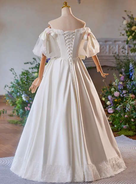 Simple White Bow Off-shoulder Satin Floor-length Wedding Dress P2639