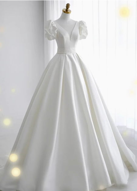 Elegant and simple white V-neck satin floor-length wedding dress P2643