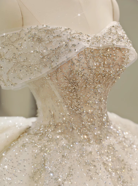 Princess Sparkling Off-shoulder Rhinestone A-line Tulle Wedding Dress P2644