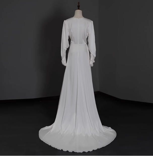 Elegant deep V-neck satin long sleeves high slit floor-length simple wedding dress P2650