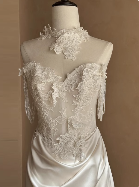 Vintage Strapless Off-the-shoulder Sweetheart Neck Lace Silk Satin Floor-length Wedding Dress P2651