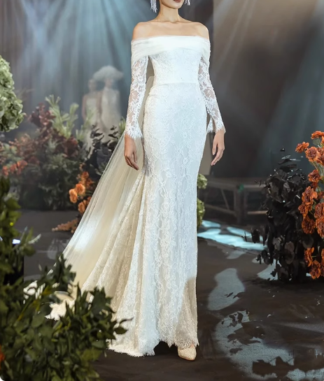 French One Shoulder Lace Long Sleeve Mermaid Wedding Dress with Train P2654