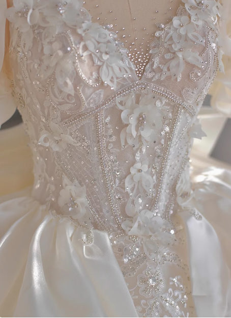 French style luxurious shiny satin short sleeve floor length wedding dress P2660