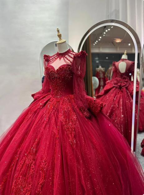 Vintage Heavy Luxury Red Beaded Long Sleeve Floor-Length Wedding Dress P2661