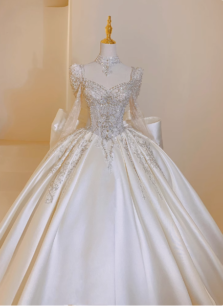 Shiny French Heavy-Work Long Sleeve Beaded Satin Bow Floor-Length Wedding Dress P2662