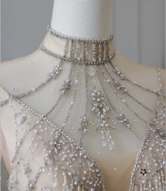 Glittering Rhinestone Long Sleeve Tulle A-Line Floor-Length Wedding Dress P2564