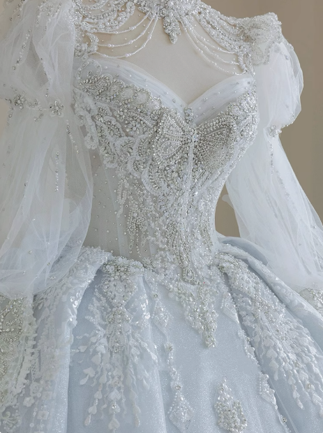 French blue princess long sleeves shiny beaded heavy work luxury floor-length wedding dress P2665
