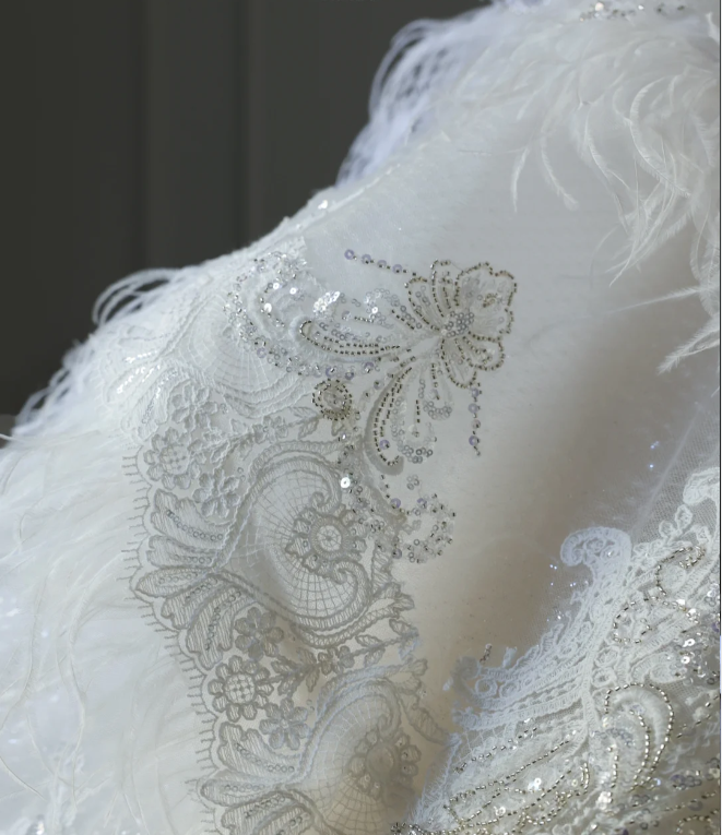 Vintage French Palace Round Neck Long Sleeve Sequined Floor-Length Wedding Dress P2568