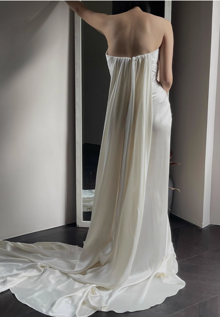 Designer French off-shoulder heart-shaped neckline white satin mermaid wedding gown with train P2682