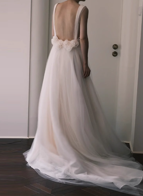 Simple strap white A-line sheer backless wedding dress P2690