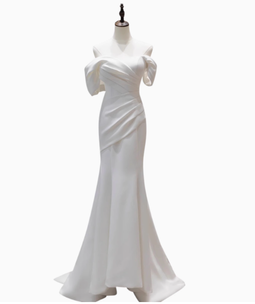 Simple and slim-fitting off-shoulder satin mermaid wedding dress P2691