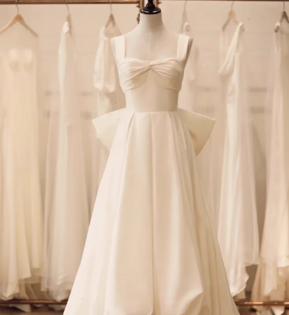 White princess strap satin backless bow high low wedding dress P2693