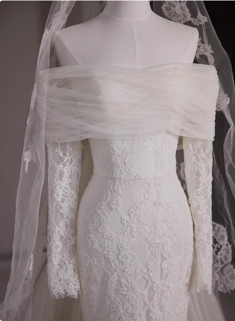 French lace off-the-shoulder white mermaid train wedding gown P2694