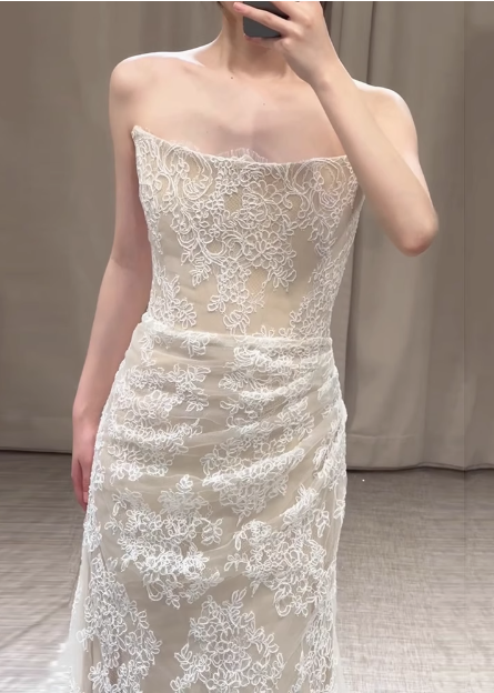 Simple Strapless Champagne Lace Mermaid Wedding Dress P2705