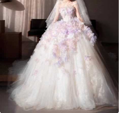 White Strapless Pink and Purple Floral Tulle Floor-Length Wedding Dress P2711