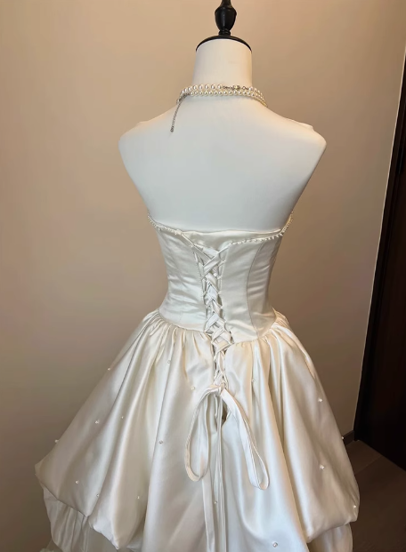 French Strapless Satin Tulle A-Line Wedding Dress with Tie-Back P2732