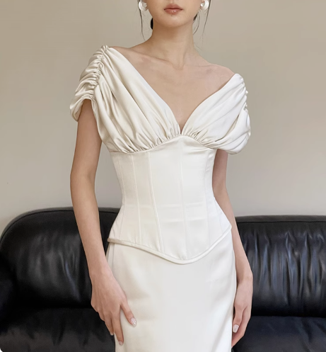 Simple Deep V Neck Satin Waist Bodycon Mermaid Wedding Dress P2735