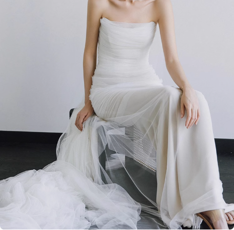 French Strapless Simple Satin White Waisted Fishtail Wedding Dress P2739