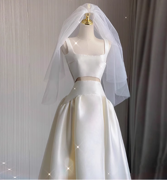 Simple shoulder strap white satin waist hollow high and low A-line wedding dress P2747