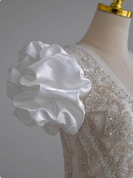 French V-neck puff sleeve beaded white satin floor-length wedding dress P2761