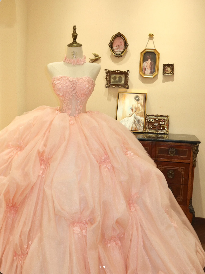 Sweet pink princess tube top fluffy A-line wedding dress P2781