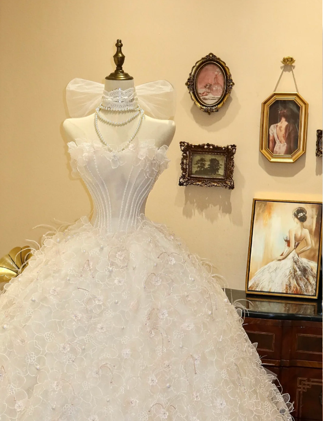 Sweet Princess Tube Top White Flower A-Line Floor-Length Wedding Dress P2790