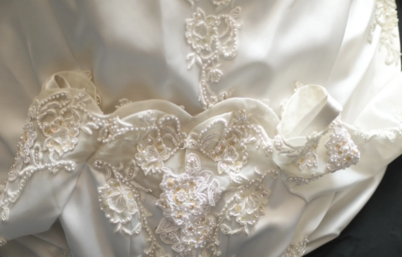 Retro Princess One Shoulder Long Sleeve Beaded Satin Back Butterfly Wedding Dress P2842