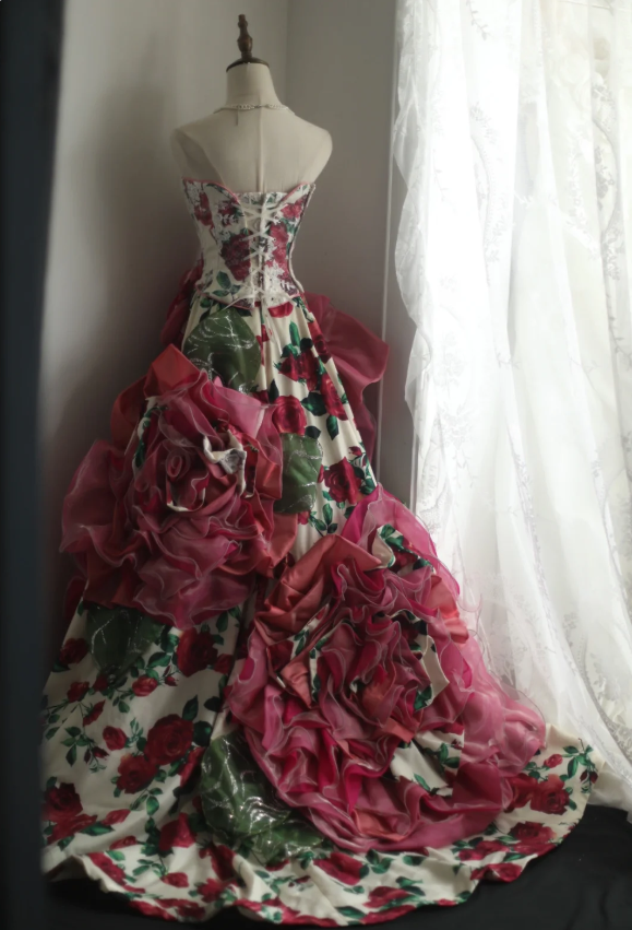 Dreamy Heavy Rose Printed Satin Handmade Flower Puffy Princess Wedding Dress P2853