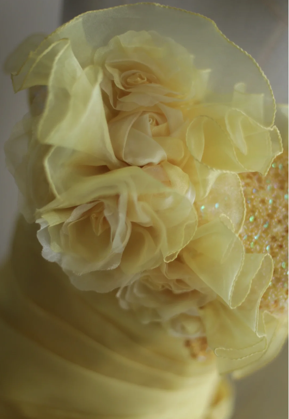 Vintage Heavy Handmade Flower Tube Top Light Yellow Pleated Layered Puff Wedding Dress P2856