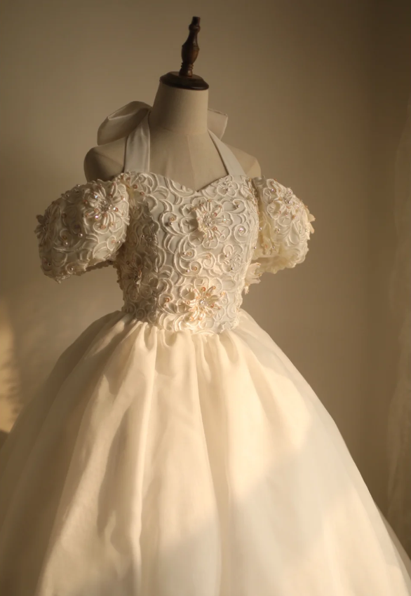 Princess Puff Sleeve Halter Neck Beaded Puff Wedding Dress P2866