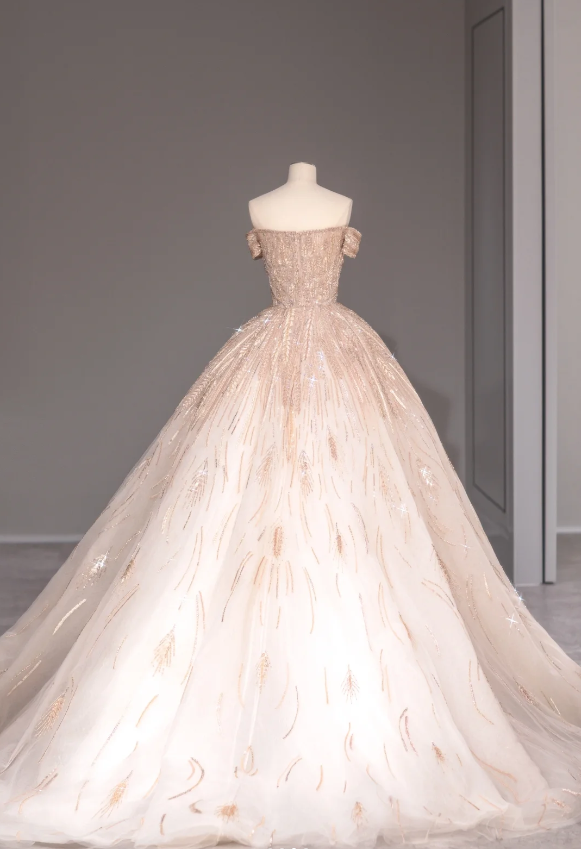 Princess Pink Off-shoulder Shiny Tulle A-line Wedding Dress with Train P2869