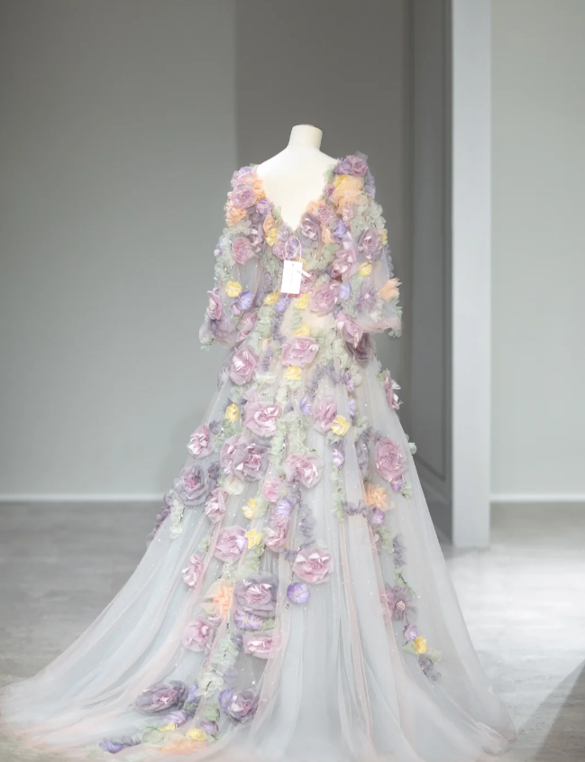 Dreamy Tulle Long Sleeve Pink and Purple Flower A-Line Wedding Dress P2880