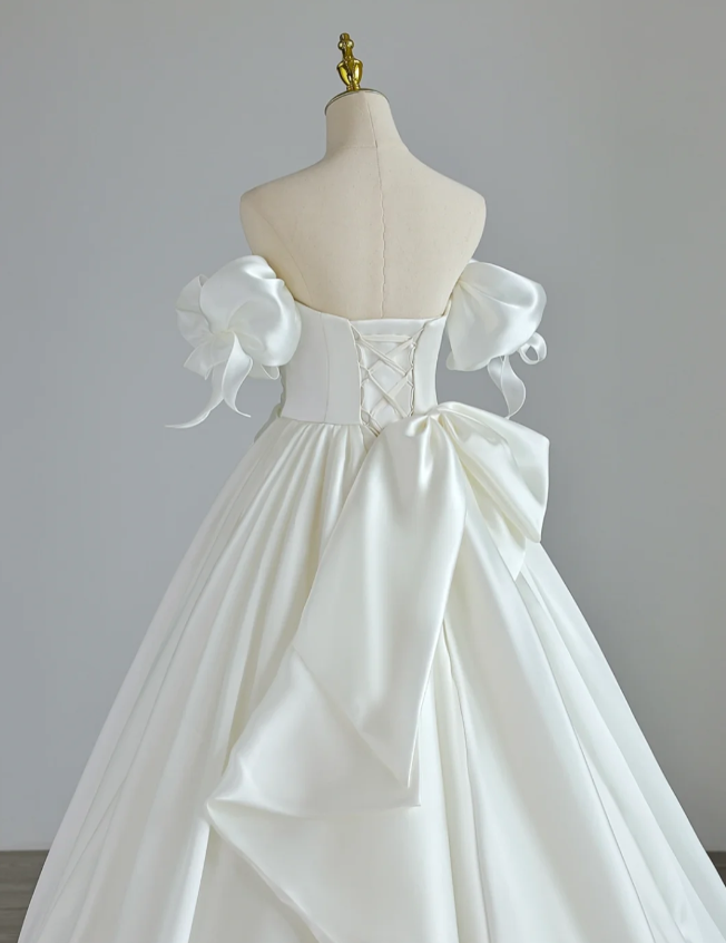 Elegant satin off-shoulder white wedding dress with train P2885