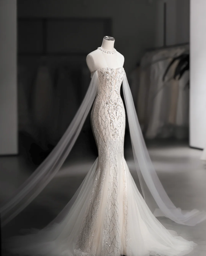 Shiny Mermaid Slim Tulle Sleeve Lace Wedding Dress P2889